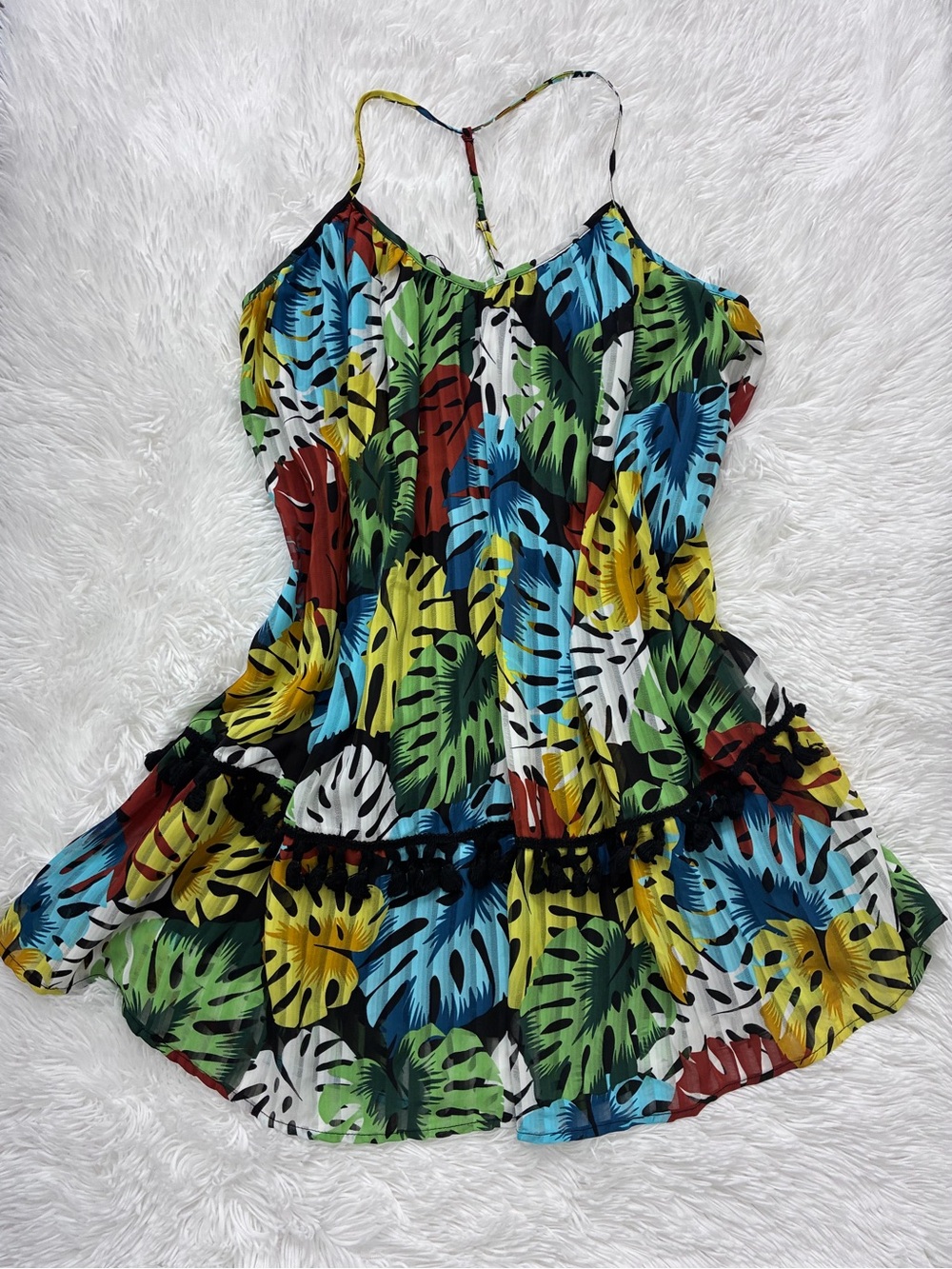 Gianni Bini Tropical Leaf Print Mini Dress in Blue, Green, Yellow, Red, White